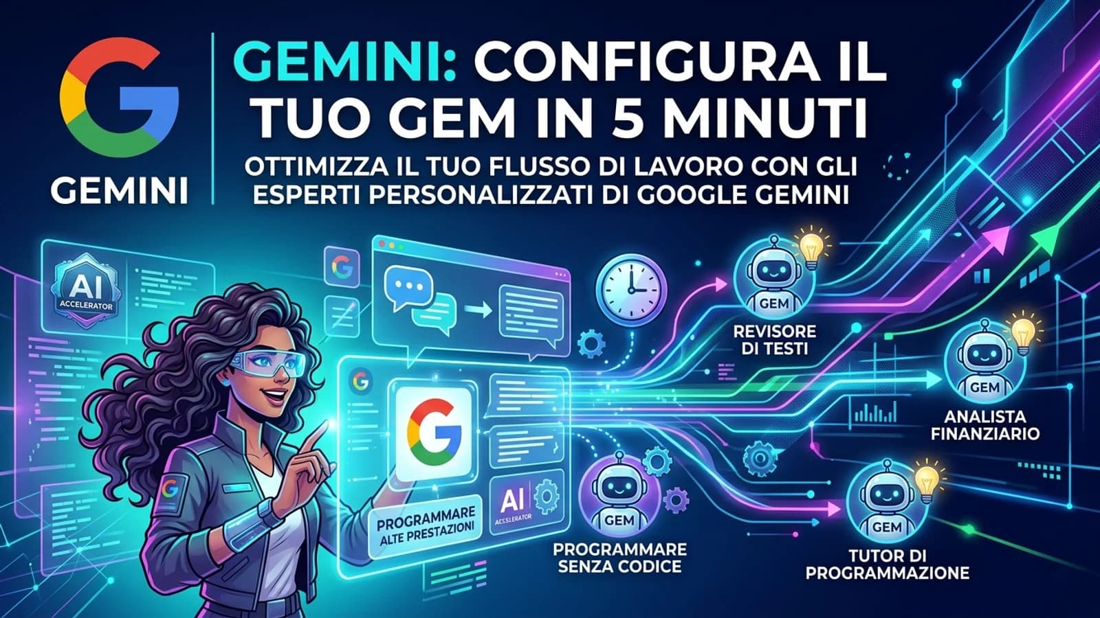 Infografica di Gemini con cinque passaggi per configurare un assistente personalizzato.