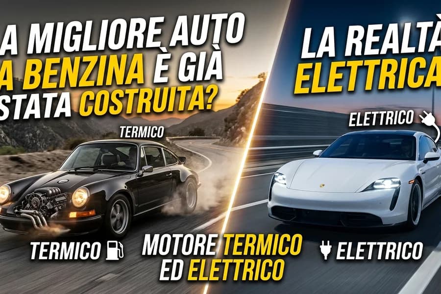 Confronto grafico tra un'auto classica a benzina e un'auto elettrica moderna.