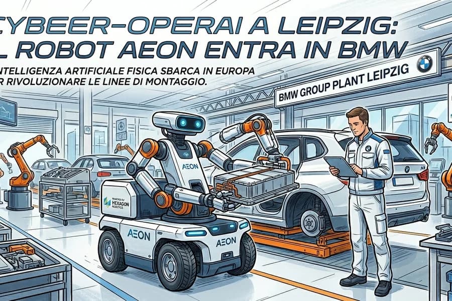 Robot AEON impiegato in una fabbrica BMW accanto a operai e bracci di assemblaggio.