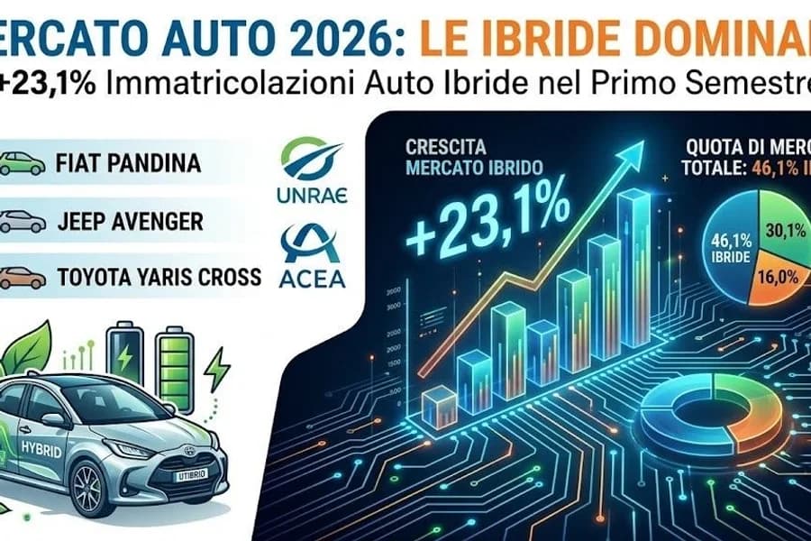 Infografica sul mercato auto 2026, con vetture ibride e grafici delle immatricolazioni.