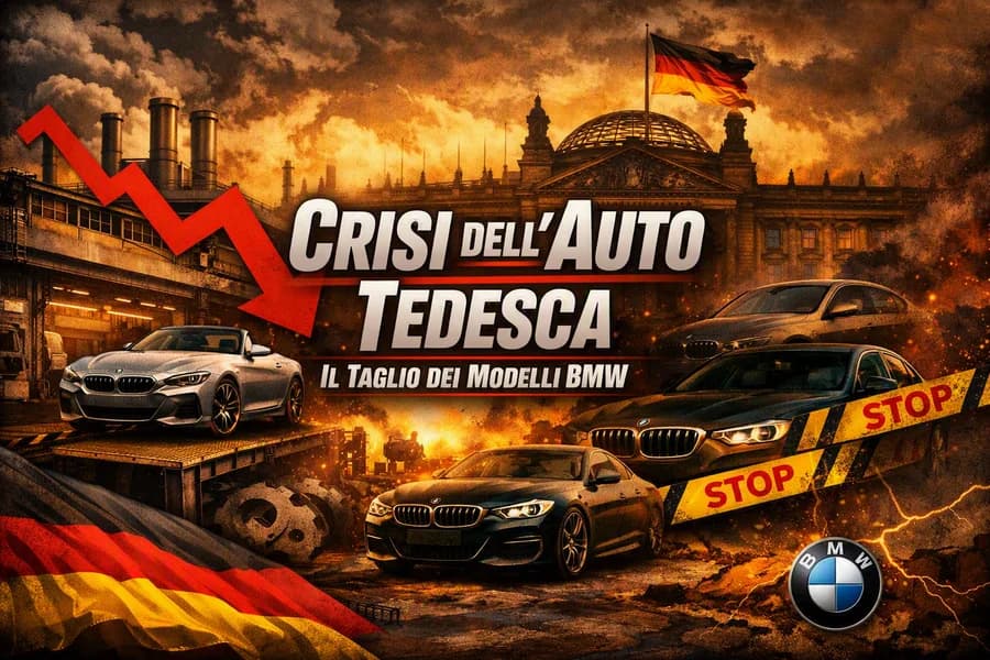 Collage di auto tedesche e grafici in discesa sulla crisi dell'industria automobilistica.