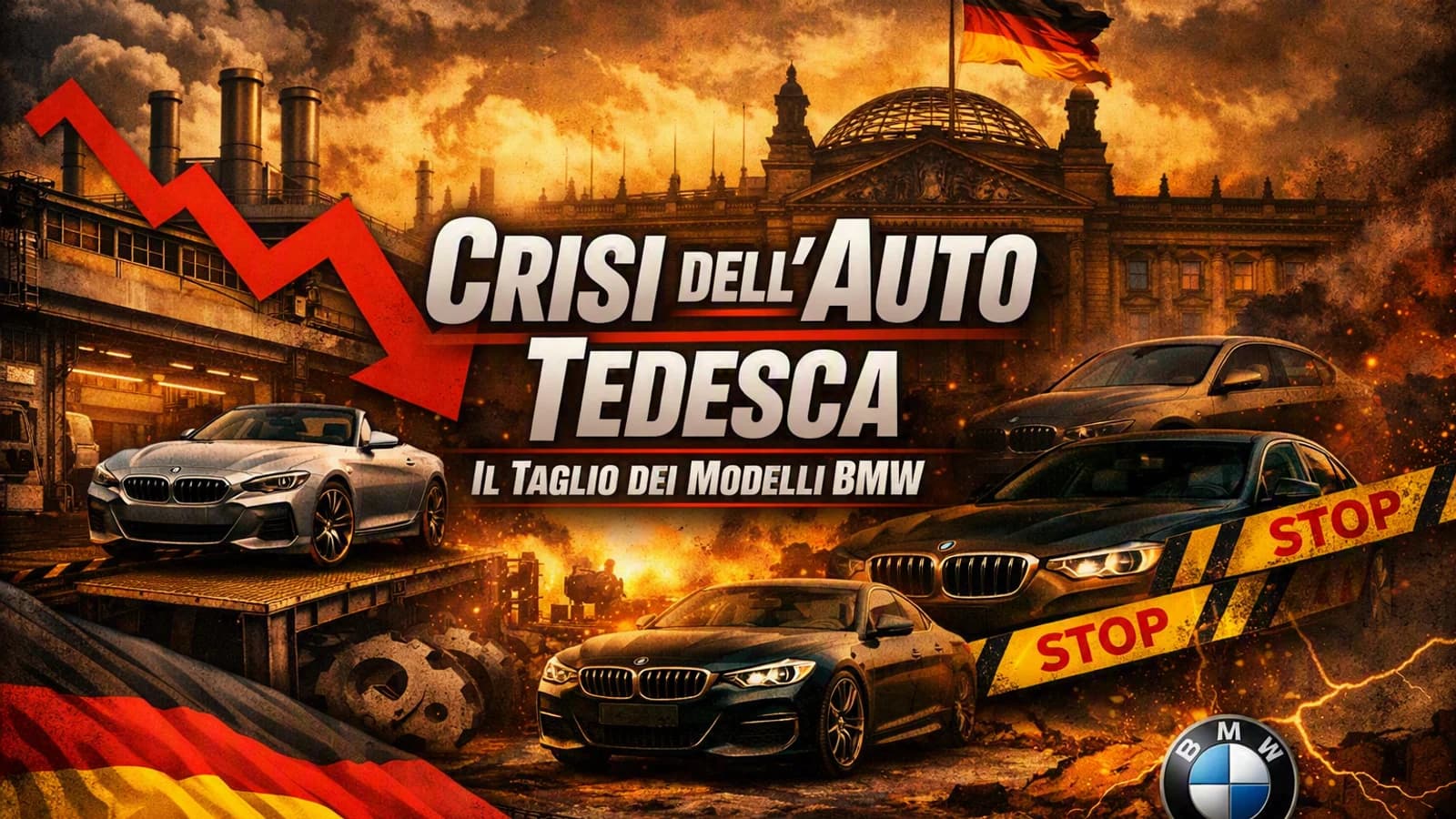 Collage di auto tedesche e grafici in discesa sulla crisi dell'industria automobilistica.