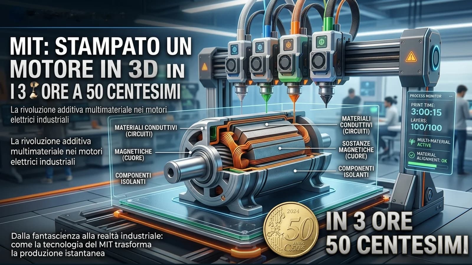 Motore sperimentale metallico in una grafica sulla stampa 3D di un prototipo al MIT.