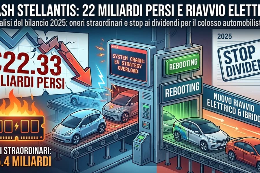 Infografica sulla crisi Stellantis con cifre finanziarie, auto e segnali di ripresa elettrica.
