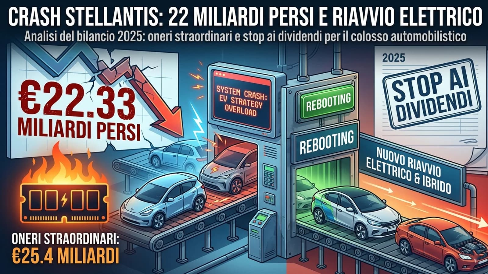 Infografica sulla crisi Stellantis con cifre finanziarie, auto e segnali di ripresa elettrica.