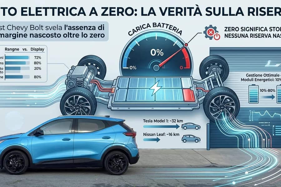 Infografica di un'auto elettrica con batteria a zero, componenti e sistemi di ricarica.