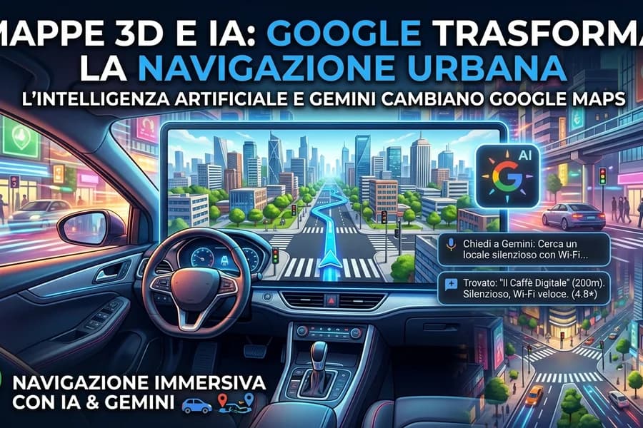 Vista della strada dall'abitacolo con navigatore 3D e interfacce di Google Maps.