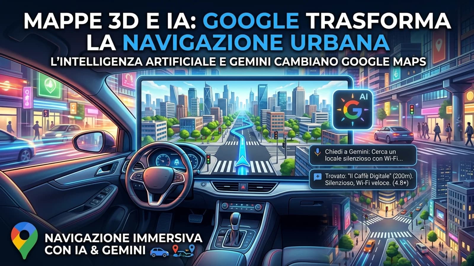 Vista della strada dall'abitacolo con navigatore 3D e interfacce di Google Maps.
