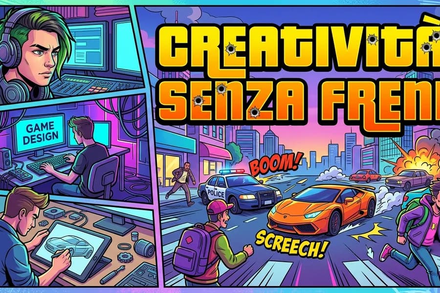 Illustrazione colorata di videogiochi e personaggi sul tema della creatività di Rockstar Games.