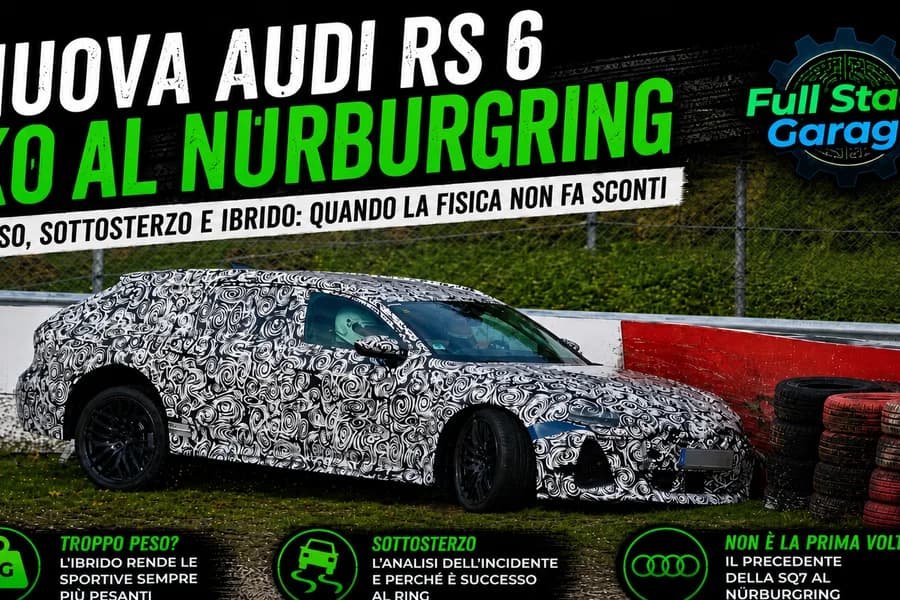Audi RS 6 camuffata sulla pista del Nürburgring con grafica di incidente e collaudo.
