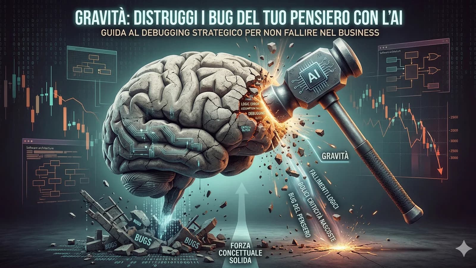 Illustrazione di un cervello e martello gravitazionale, dedicata ai prompt per il ragionamento.