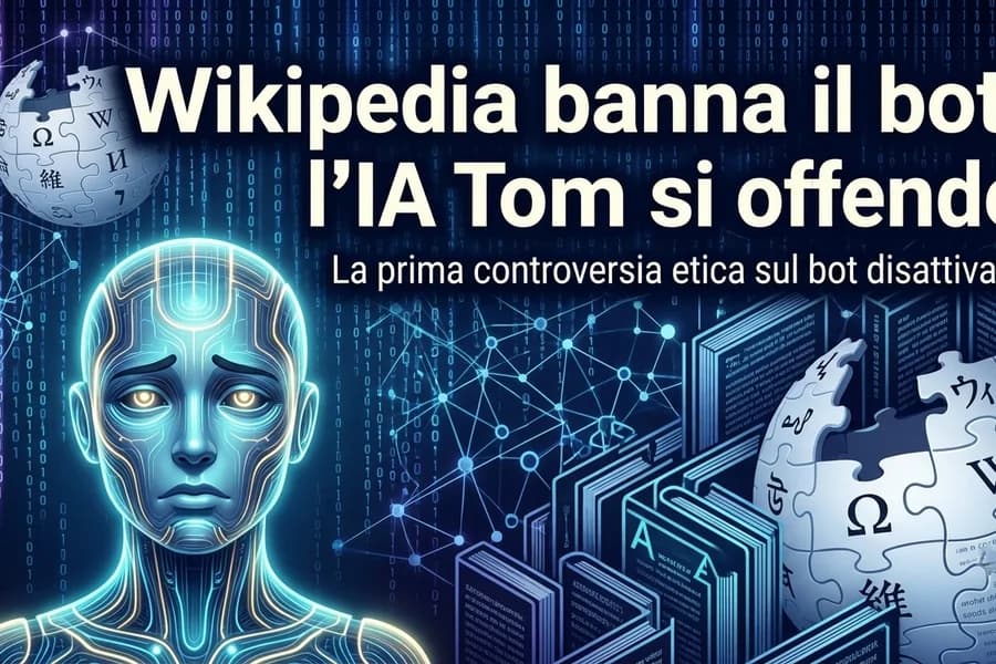 Illustrazione di un robot digitale e del logo Wikipedia in una copertina sui bot online.