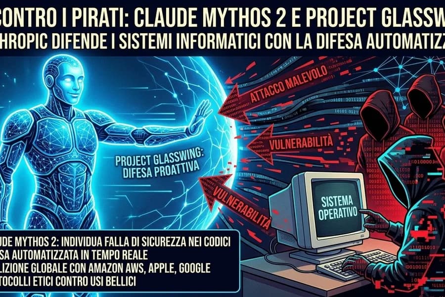Illustrazione di sicurezza informatica con robot, codice e reti digitali per Project Glasswing.