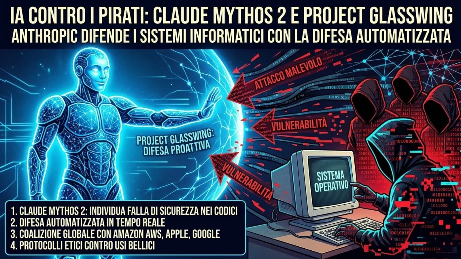Illustrazione di sicurezza informatica con robot, codice e reti digitali per Project Glasswing.