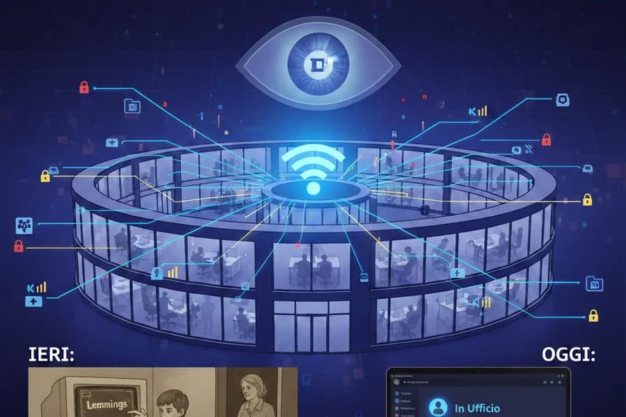 Infografica di una stanza con sensori Wi-Fi e simboli di monitoraggio del personale.