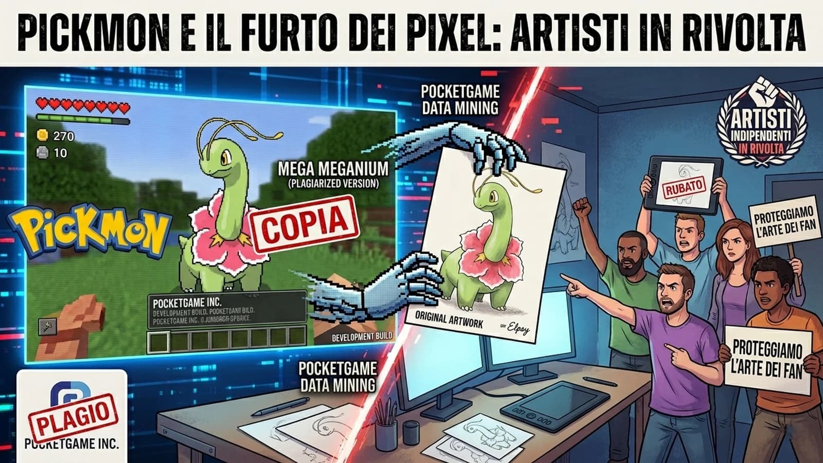 Illustrazione del videogioco Pickmon con personaggi pixel-art e protesta degli artisti.