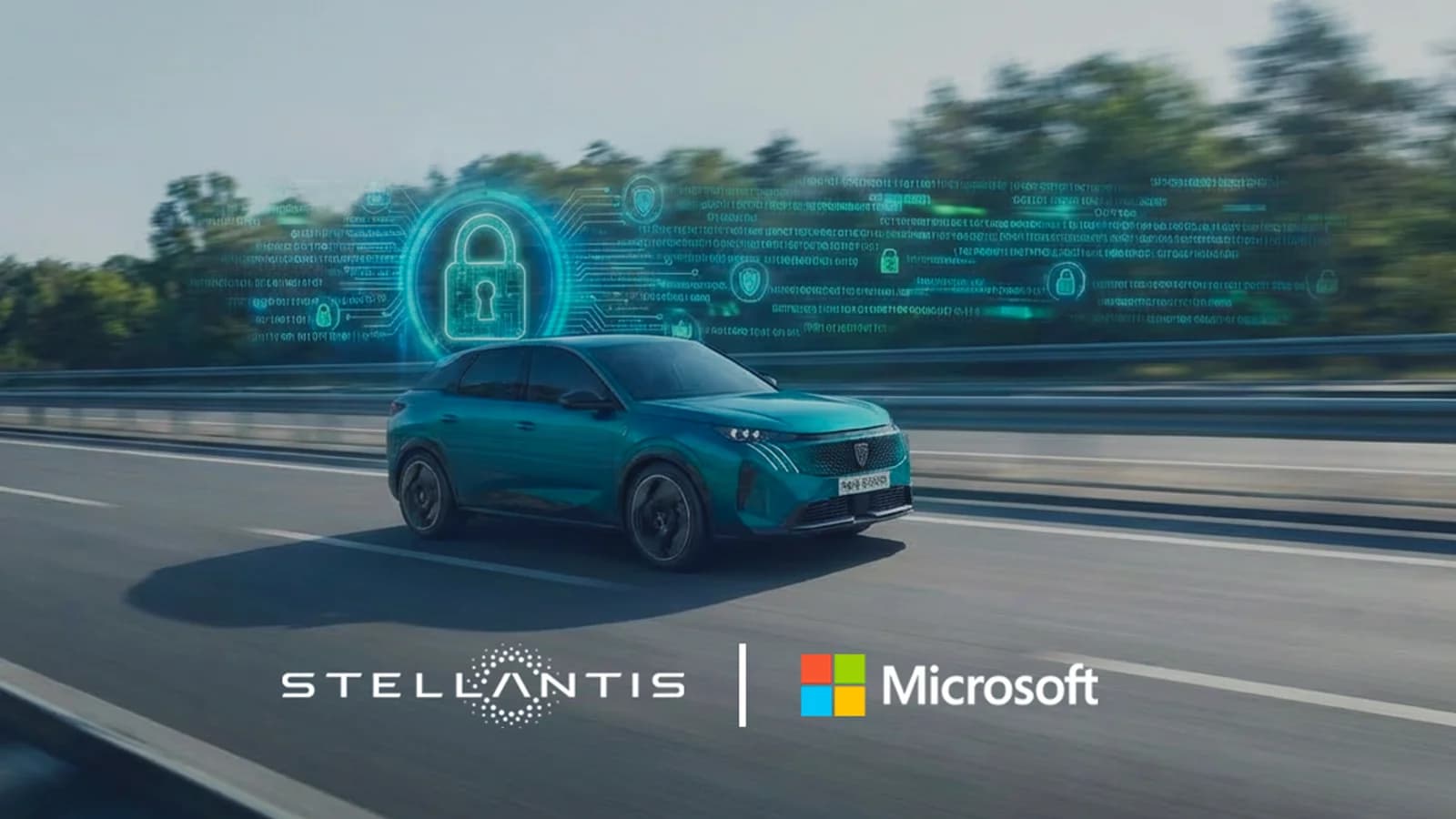 Automobile su pista di prova con grafica dei servizi software Stellantis e Microsoft.