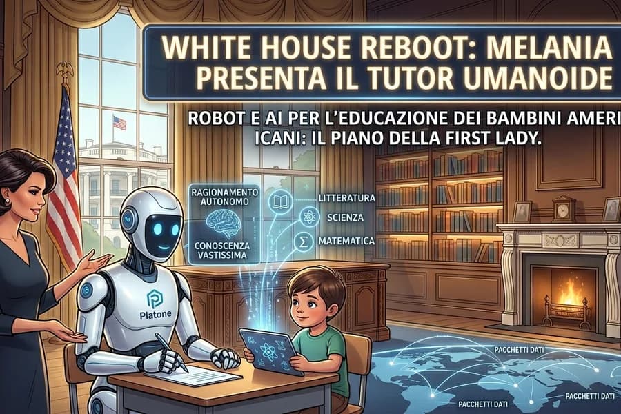 Melania Trump accanto a un robot umanoide e a studenti in una sala istituzionale.