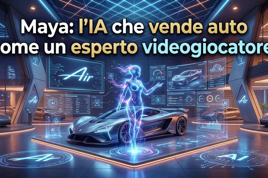 Showroom automobilistico futuristico con avatar IA Maya e auto esposte.