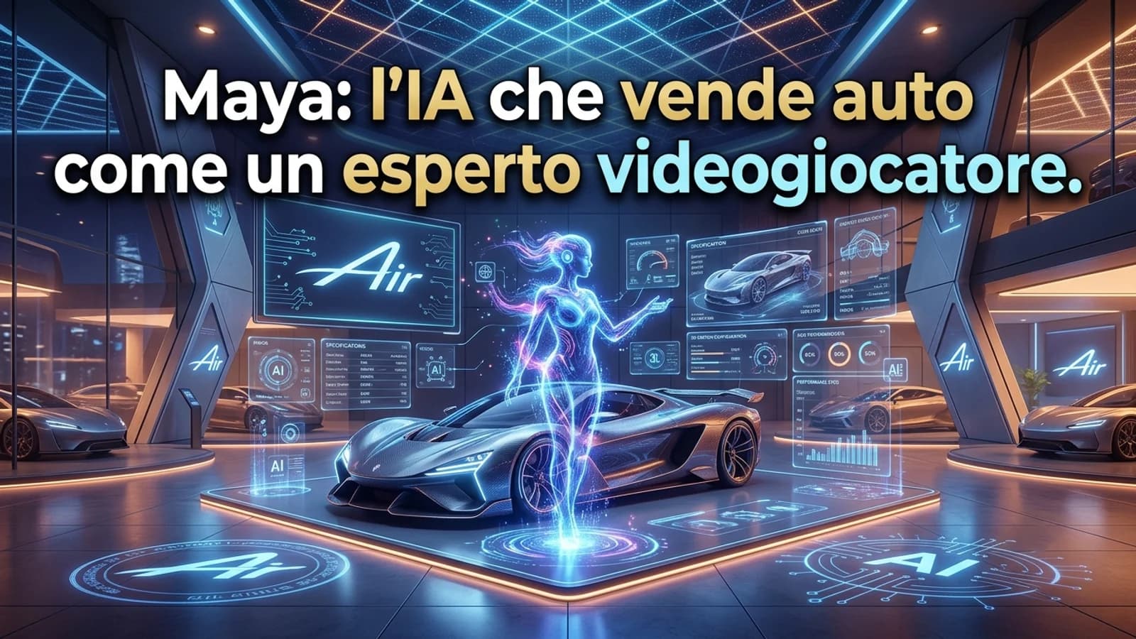 Showroom automobilistico futuristico con avatar IA Maya e auto esposte.