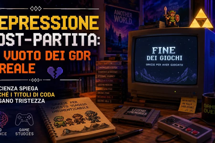 Monitor e dispositivi di gioco in una stanza buia, con tema della depressione post-partita.
