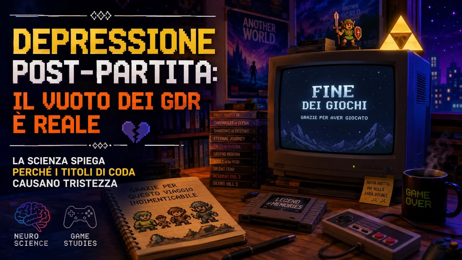 Monitor e dispositivi di gioco in una stanza buia, con tema della depressione post-partita.