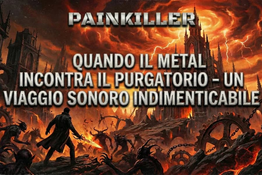 Illustrazione dark fantasy di combattimenti e creature demoniache in una copertina del videogioco Painkiller.