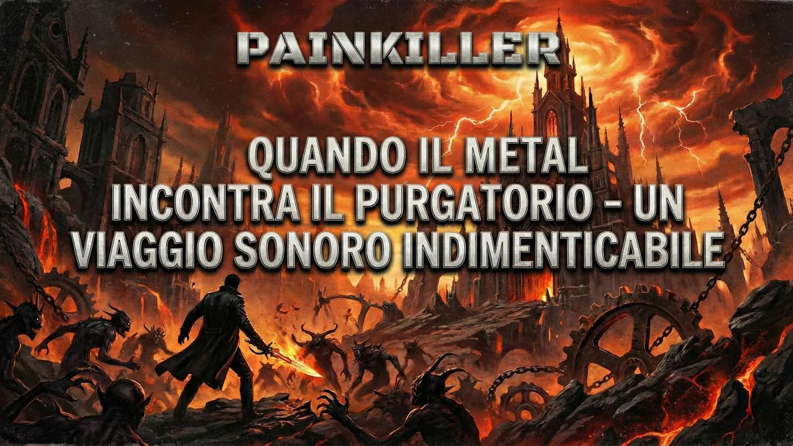 Illustrazione dark fantasy di combattimenti e creature demoniache in una copertina del videogioco Painkiller.