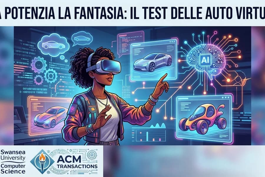 Giocatore con visore VR circondato da veicoli digitali in una grafica sulla creatività con IA.