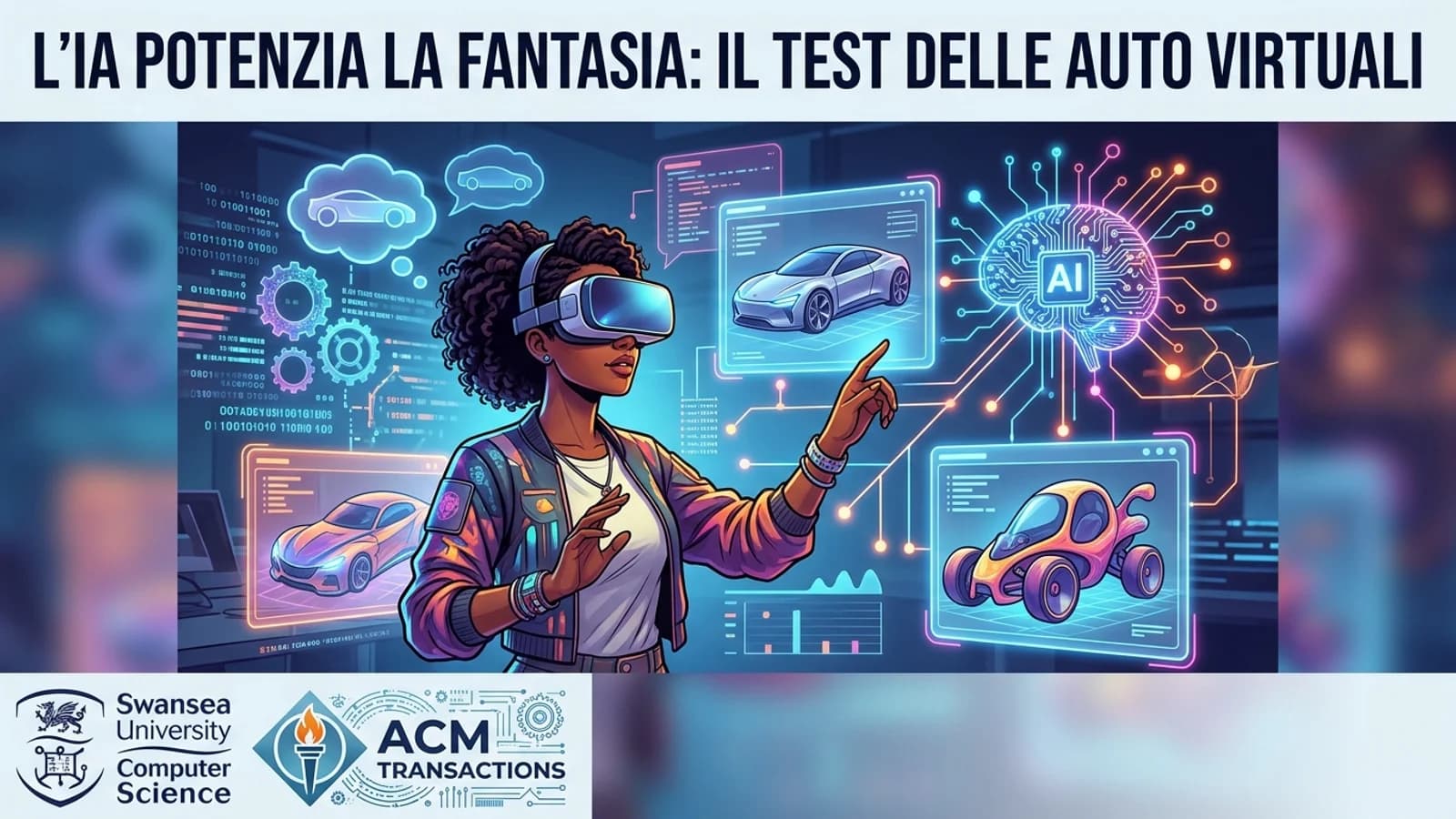 Giocatore con visore VR circondato da veicoli digitali in una grafica sulla creatività con IA.