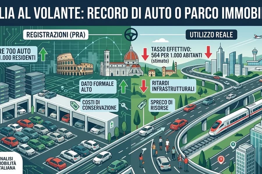 Grafica del traffico automobilistico italiano con statistiche e illustrazioni di parcheggi e strade.