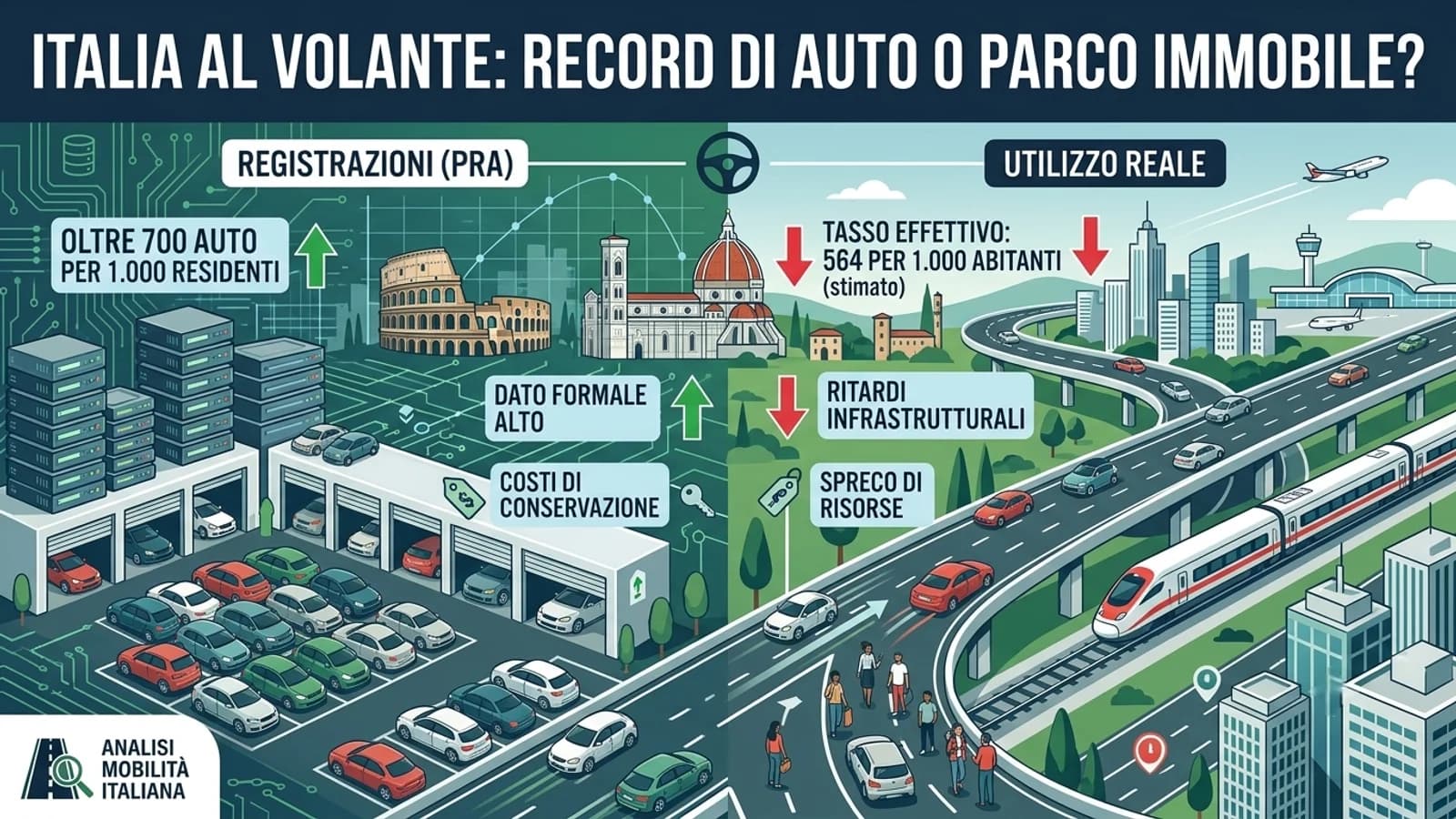 Grafica del traffico automobilistico italiano con statistiche e illustrazioni di parcheggi e strade.