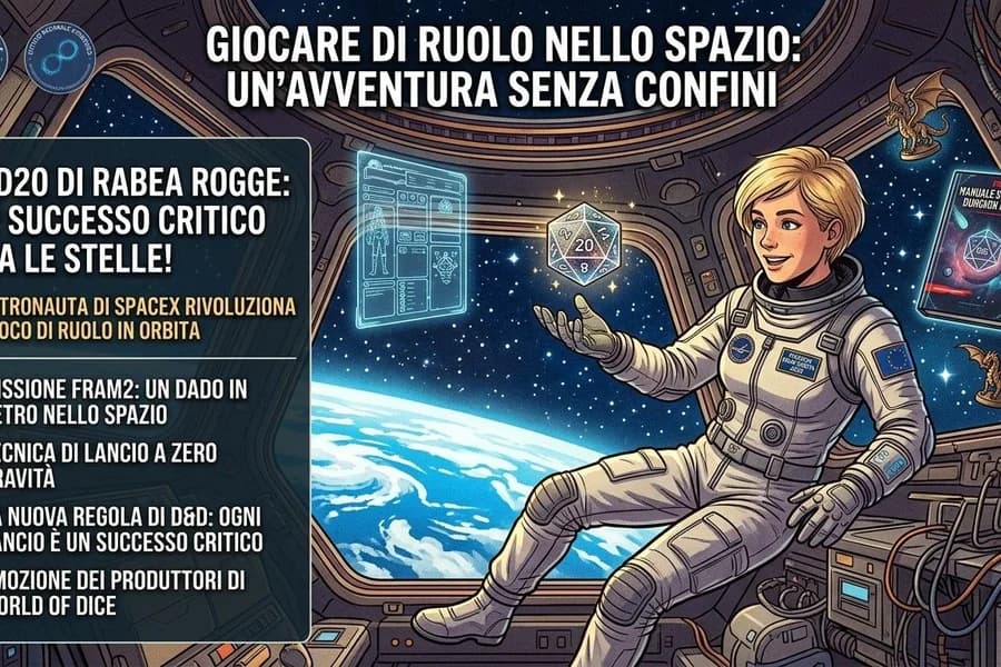 Illustrazione spaziale con astronauta e dado da gioco a venti facce.