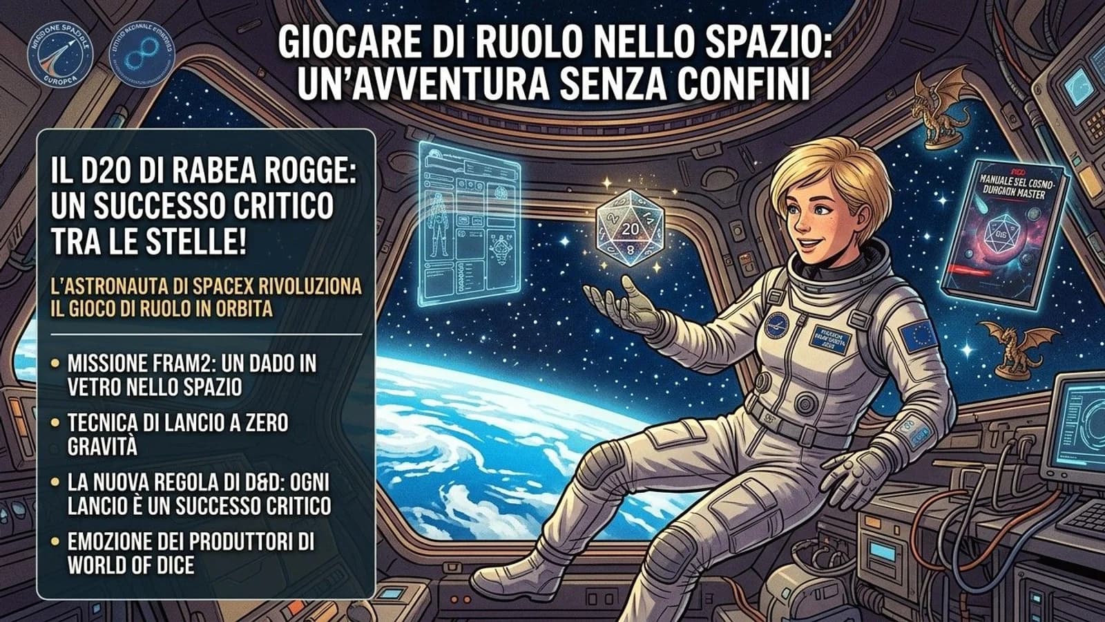 Illustrazione spaziale con astronauta e dado da gioco a venti facce.