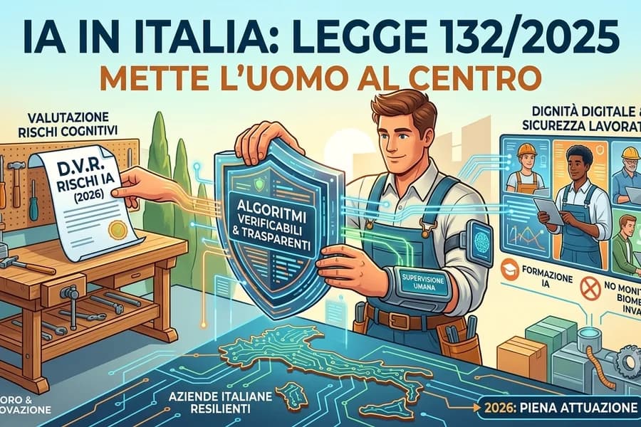 Infografica sulla Legge italiana 132 del 2025, con persone, documenti e sistemi di IA.