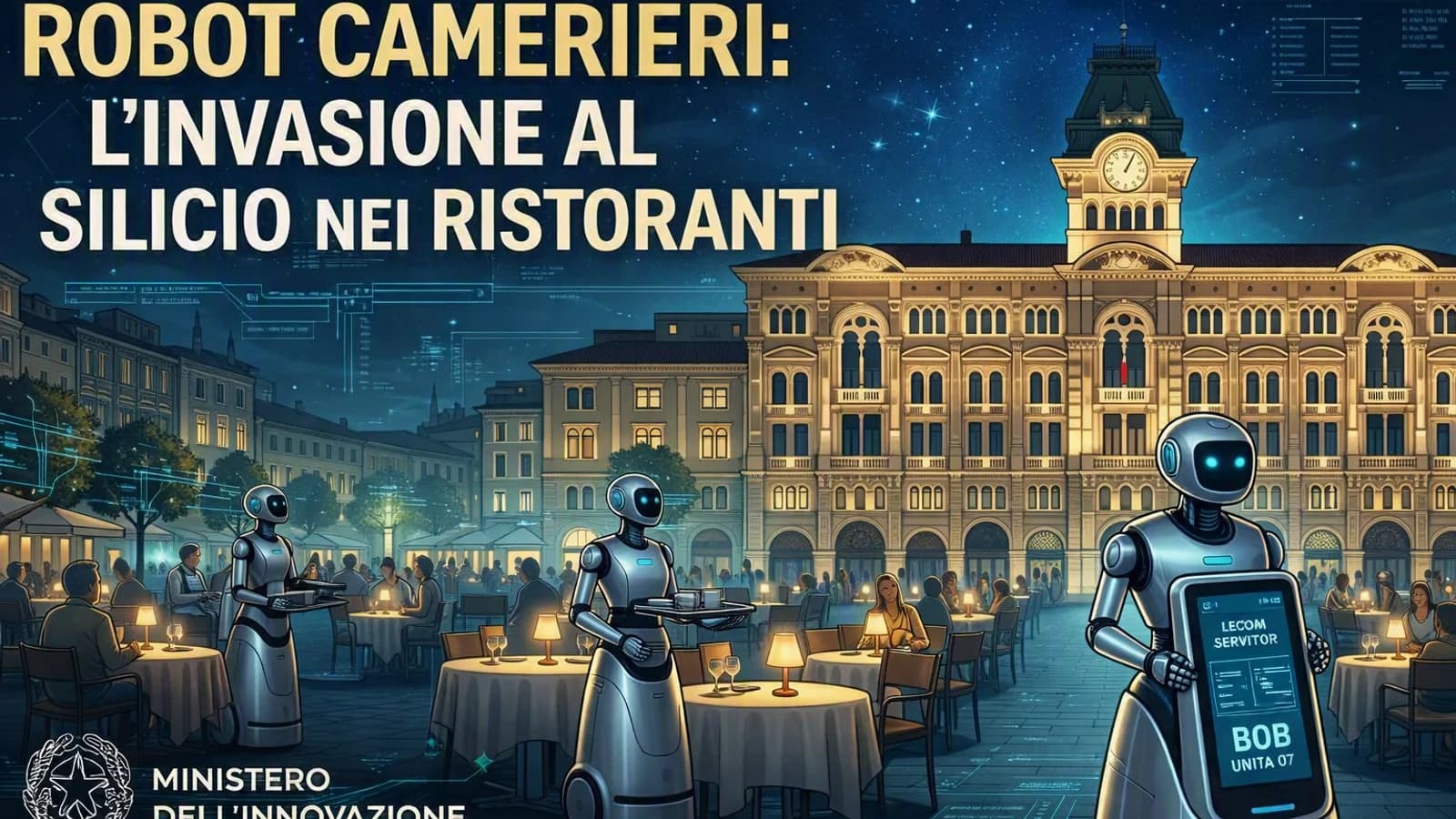 Illustrazione di robot camerieri e clienti all'esterno di un ristorante.