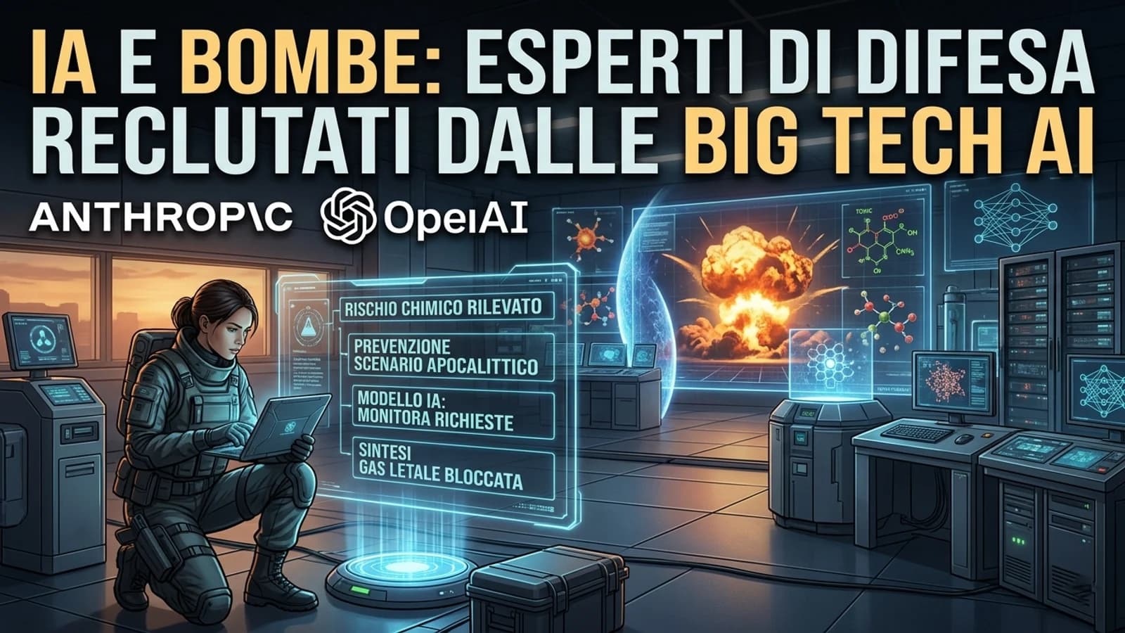 Illustrazione di esperti di sicurezza e sistemi militari nel confronto tra Anthropic e OpenAI.