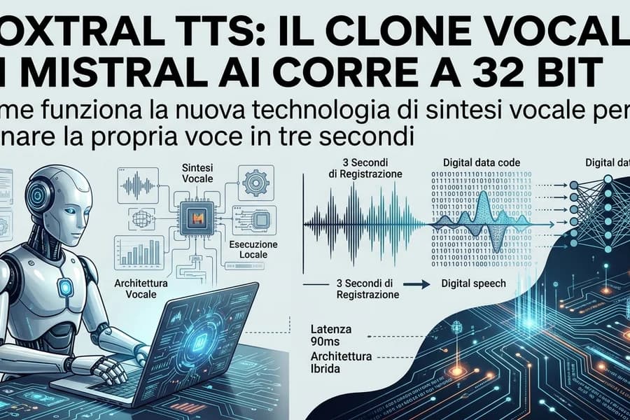 Infografica del sistema di sintesi vocale Voxtral TTS con onde sonore e robot.