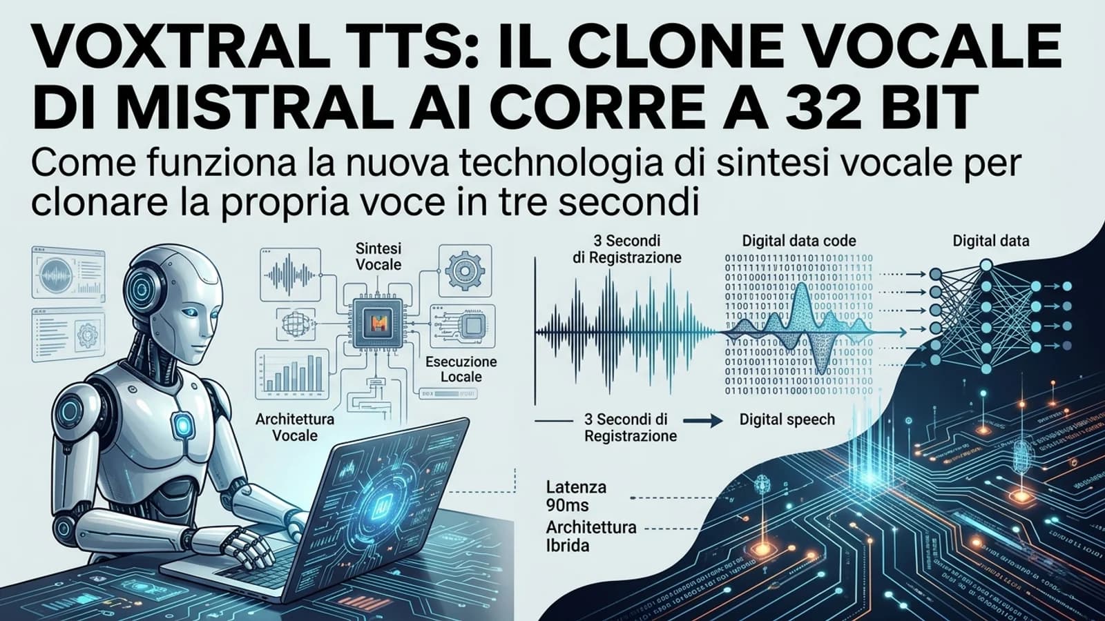 Infografica del sistema di sintesi vocale Voxtral TTS con onde sonore e robot.