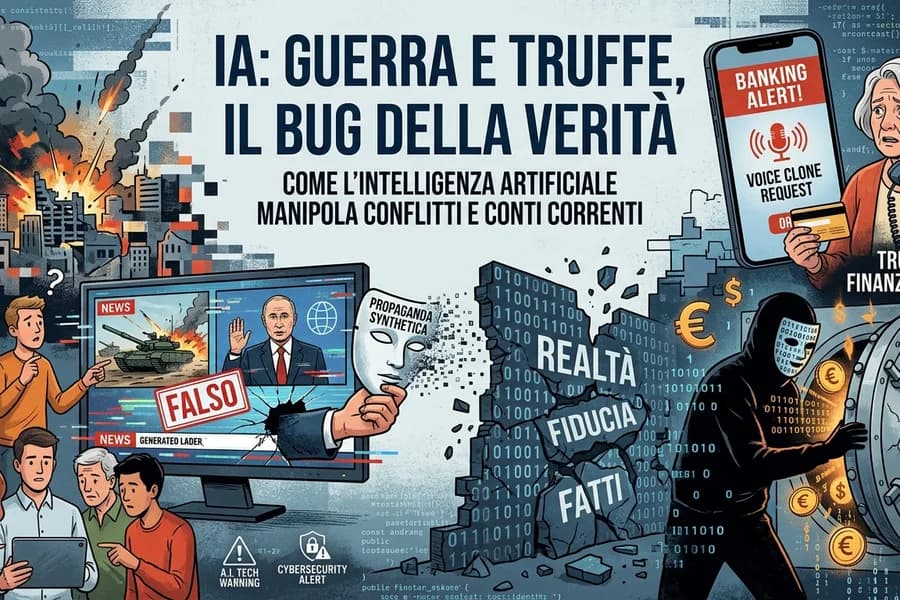 Collage grafico su guerra, truffe online e intelligenza artificiale, tra segnali di falso e vero.