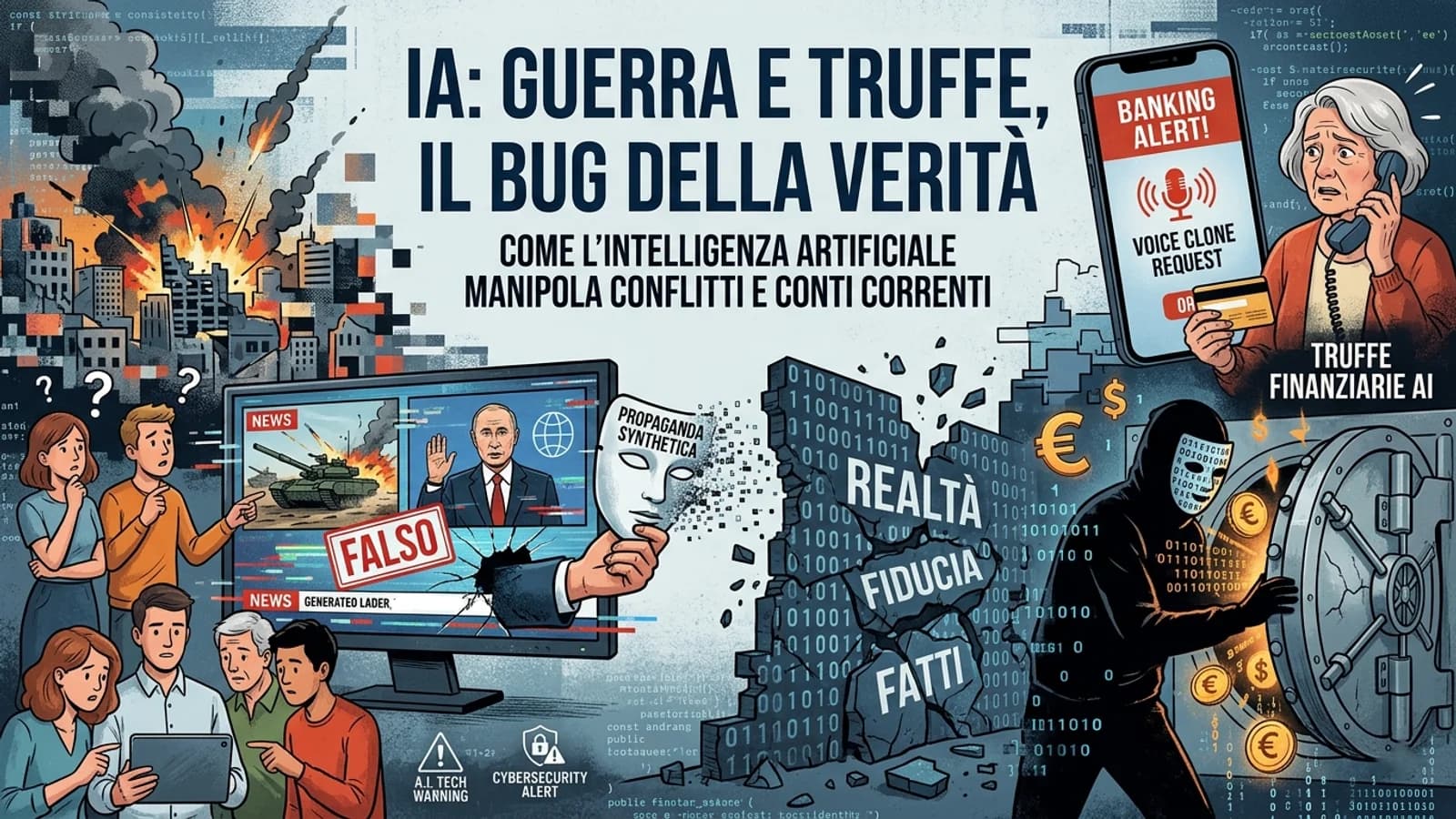 Collage grafico su guerra, truffe online e intelligenza artificiale, tra segnali di falso e vero.