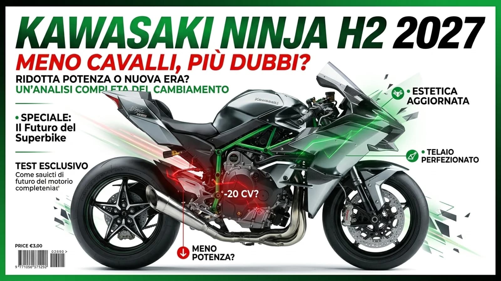 Kawasaki Ninja H2 verde e nera vista di lato, con riferimenti alle novità del 2027.