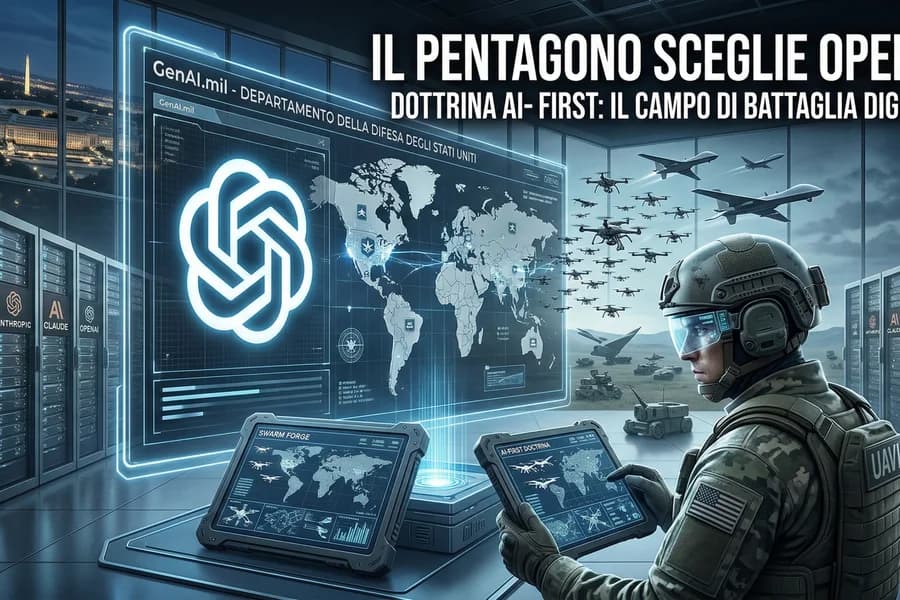 Soldato in un centro di comando con logo OpenAI e schermi digitali sulla difesa militare.