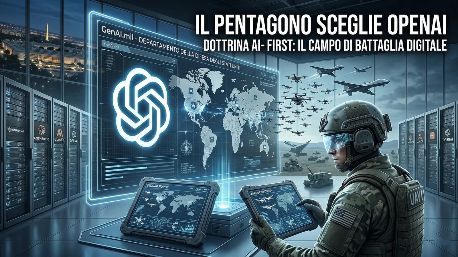 Soldato in un centro di comando con logo OpenAI e schermi digitali sulla difesa militare.
