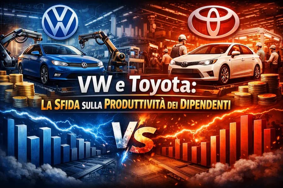 Infografica comparativa Volkswagen e Toyota con auto e grafici sulla produttività.