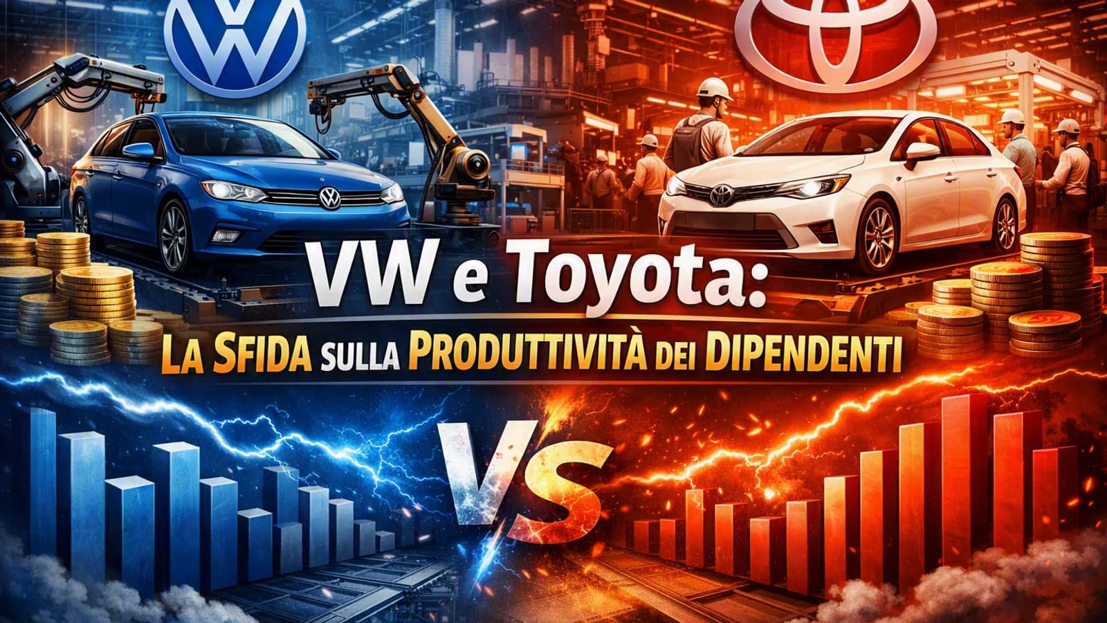 Infografica comparativa Volkswagen e Toyota con auto e grafici sulla produttività.