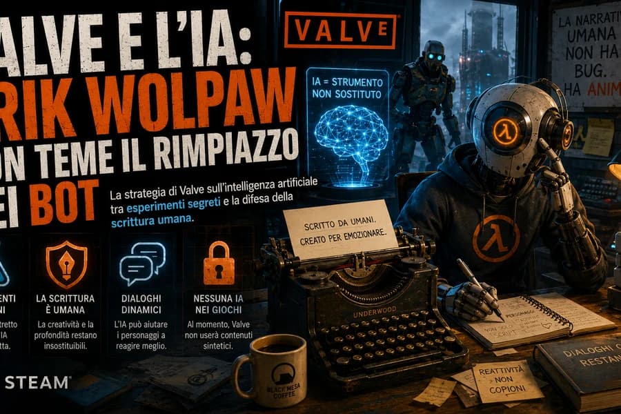 Illustrazione di Erik Wolpaw e videogiochi Valve nel dibattito sull'uso dell'IA.