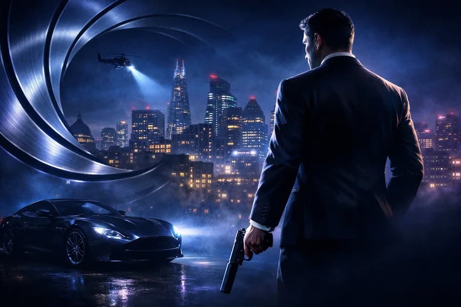 Agente in abito scuro davanti a uno skyline notturno, in una copertina su 007 First Light.