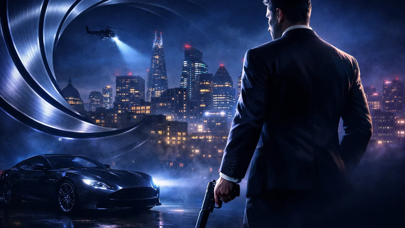 Agente in abito scuro davanti a uno skyline notturno, in una copertina su 007 First Light.
