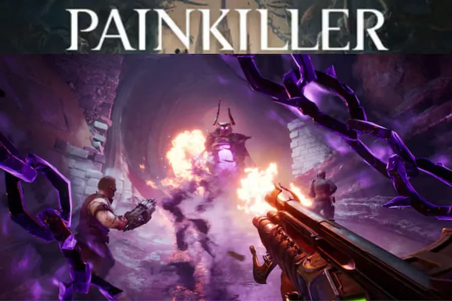 Schermata del videogioco Painkiller con creature ostili e combattimento in prima persona.